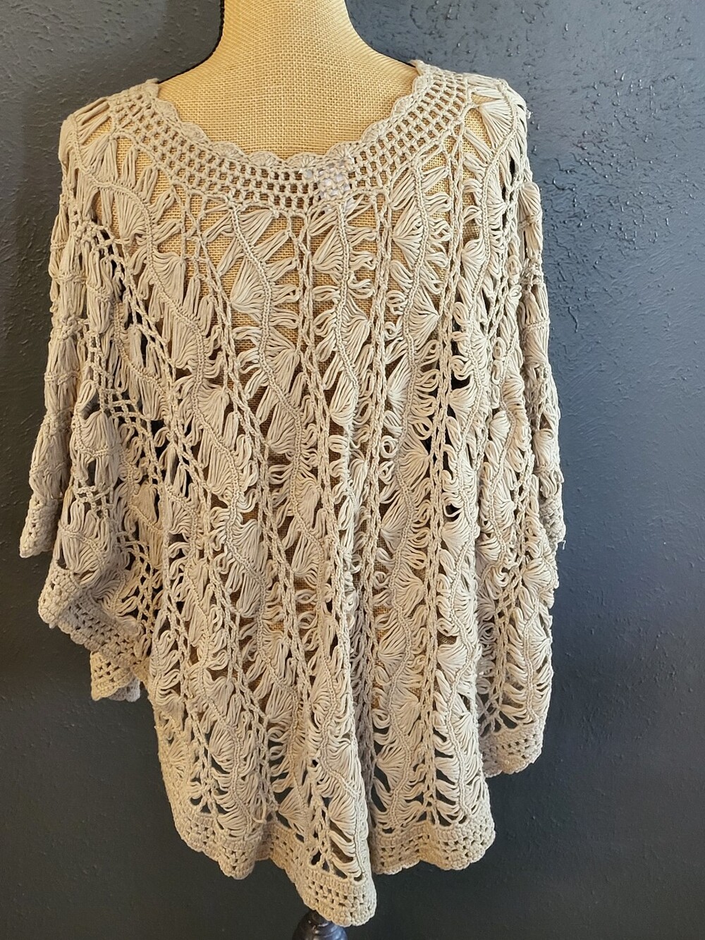 Chico's Tan Open Weave Poncho Cotton-blend S/M - Picture 3 of 7